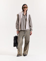 Blue & Beige Checkered Cropped Shirt